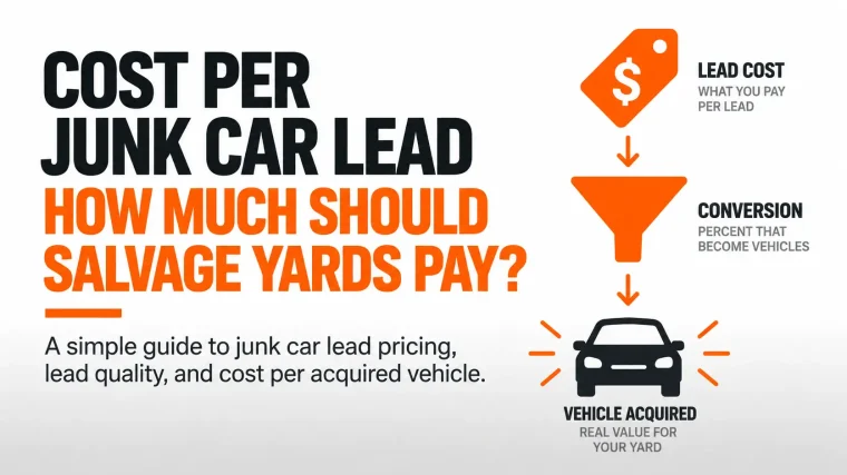 Infographic explaining cost per junk car lead for salvage yards, showing how lead cost and conversion rates affect the final cost of acquiring a vehicle.