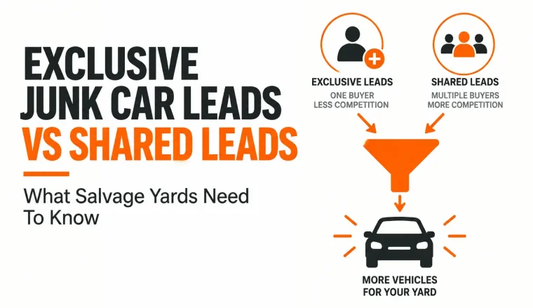 Infographic comparing exclusive junk car leads with shared leads, showing how exclusive leads connect one buyer with a seller for less competition, while shared leads are sent to multiple buyers. The graphic highlights the potential to acquire more vehicles for a salvage yard.
