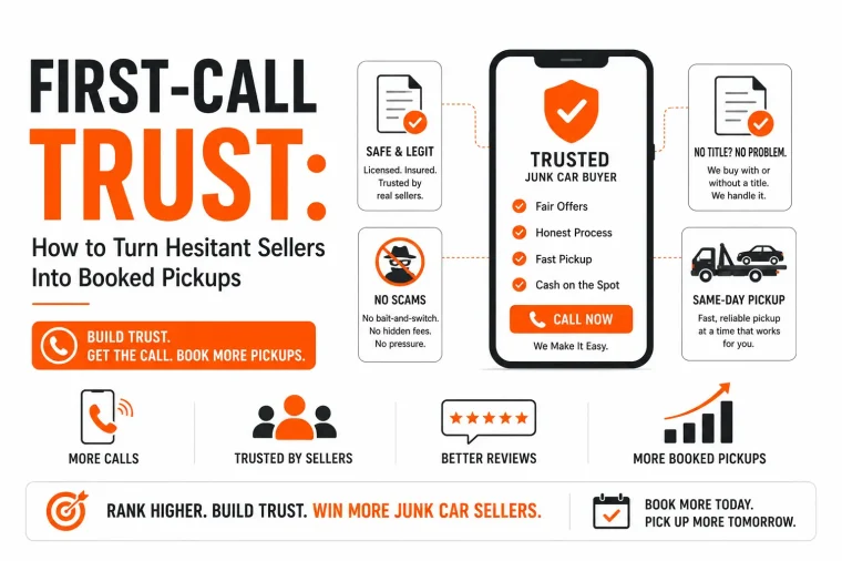 Infographic about First Call Trust showing how junk car buyers can build trust from the first phone call. It highlights fair cash offers, honest communication, same-day pickup, title assistance, licensed business credentials, and customer trust signals to increase calls, positive reviews, and booked vehicle pickups.