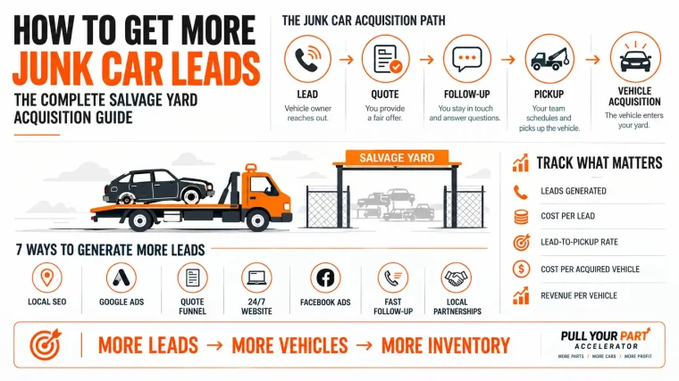 Infographic showing how to get more junk car leads through local SEO, Google Ads, Facebook Ads, websites, fast follow-up, and local partnerships.