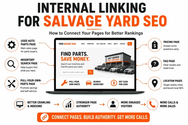 Internal linking for SEO for salvage yards showing how connecting inventory, used auto parts, pricing, FAQ, pull-your-own parts, and location pages helps salvage yards rank higher on Google, improve crawling, grow page authority, and generate more calls.