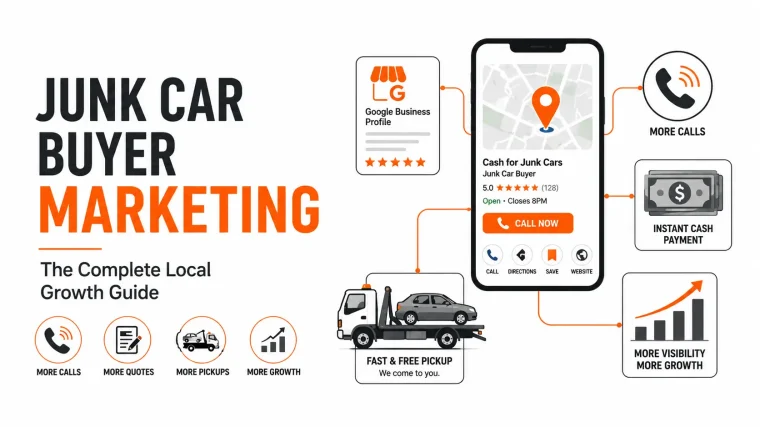 Infographic about junk car buyer marketing showing how local SEO and Google Business Profile optimization help junk car buyers generate more calls, quotes, and vehicle pickups. The graphic features a mobile Google Business listing connected to key marketing elements, including customer reviews, fast and free pickup, instant cash payment, and increased local visibility to drive more junk car purchases and business growth.
