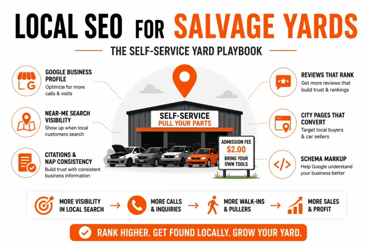 Infographic about local SEO for salvage yards showing key strategies for improving Google rankings, including Google Business Profile optimization, near-me search visibility, customer reviews, citations, city pages, and schema markup. The graphic illustrates how these tactics help self-service salvage yards generate more local visibility, phone calls, walk-in pullers, and sales.