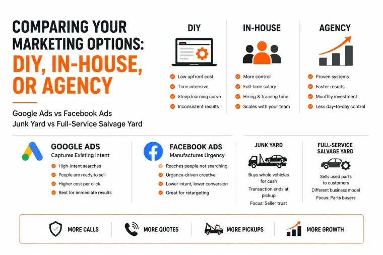 Infographic comparing marketing options for salvage yards and junk car buyers, including DIY marketing, an in-house marketing team, and hiring an agency. It also compares Google Ads versus Facebook Ads and highlights the differences between junk yard and full-service salvage yard business models to help owners choose the right marketing strategy for more calls, quotes, pickups, and business growth.