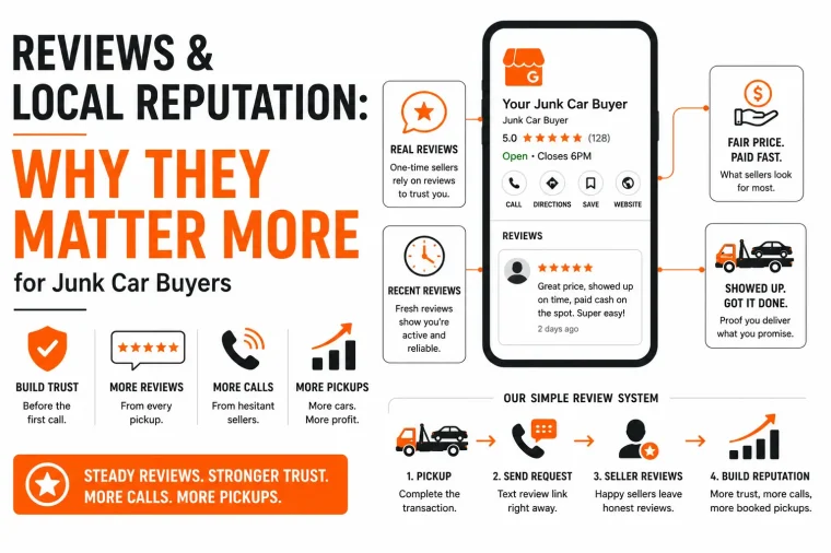Infographic about reviews and local reputation for junk car buyers showing how positive customer reviews, recent feedback, fair pricing, and reliable service build trust and improve local search visibility. The graphic explains how a strong Google Business Profile and consistent reviews lead to more calls, booked pickups, and vehicle purchases.