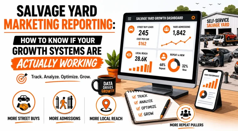 Salvage yard marketing reporting dashboard showing growth metrics for street buys, yard admissions, local reach, and repeat pullers.