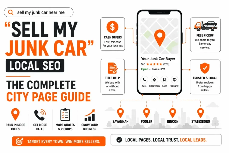 Infographic about the Sell My Junk Car Local SEO Guide showing how city-specific local SEO helps junk car buyers rank for searches like "sell my junk car near me." It highlights Google Business Profile optimization, cash offers, free pickup, title assistance, customer reviews, and local city pages to generate more calls, quotes, vehicle pickups, and junk car purchases.