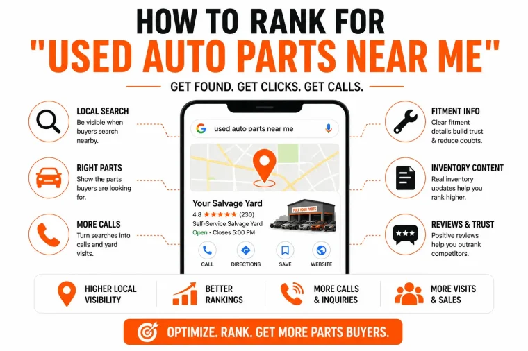 Infographic explaining how to rank for used auto parts near me searches using local SEO. It highlights Google Business Profile optimization, inventory content, fitment information, customer reviews, and local search visibility to help salvage yards attract more calls, visits, and parts buyers.Infographic explaining how to rank for used auto parts near me searches using local SEO. It highlights Google Business Profile optimization, inventory content, fitment information, customer reviews, and local search visibility to help salvage yards attract more calls, visits, and parts buyers.