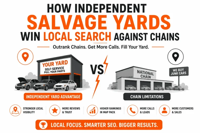 Infographic showing how independent salvage yards win local search against national chains through stronger local visibility, better reviews, higher Google Map Pack rankings, and more calls. Features Pull Your Part Accelerator branding and highlights the advantages of local SEO for self-service auto salvage yards.